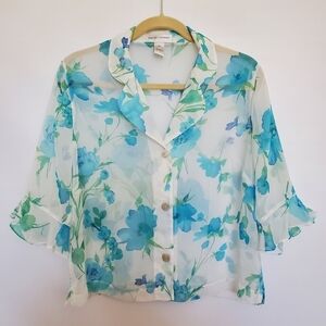 DRAPER'S & DAMON'S ULTRA-SHEER FLORAL TOP BUTTON DOWN WHITE BLUE WOMENS (P/MED)